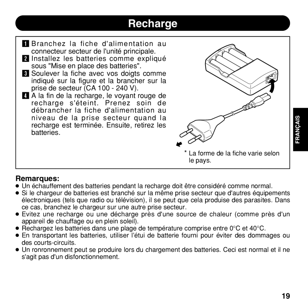 Olympus BU-200 instruction manual Recharge, Remarques 