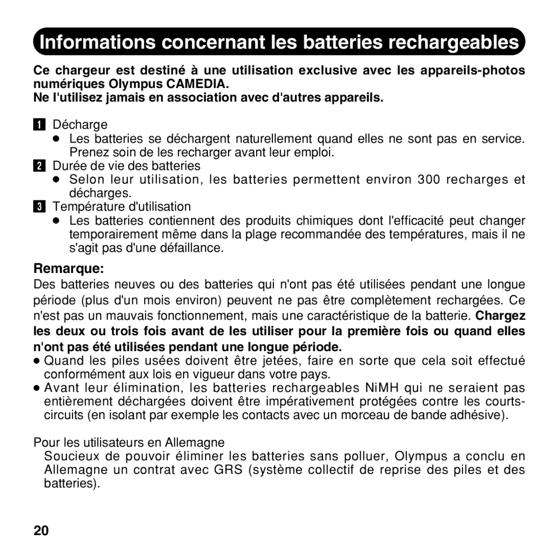 Olympus BU-200 instruction manual Informations concernant les batteries rechargeables, Remarque 