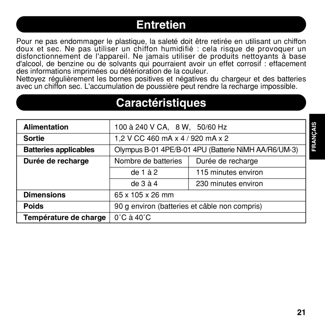 Olympus BU-200 instruction manual Entretien, Caractéristiques 