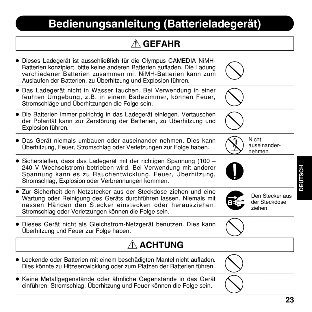 Olympus BU-200 instruction manual Bedienungsanleitung Batterieladegerät, Gefahr 