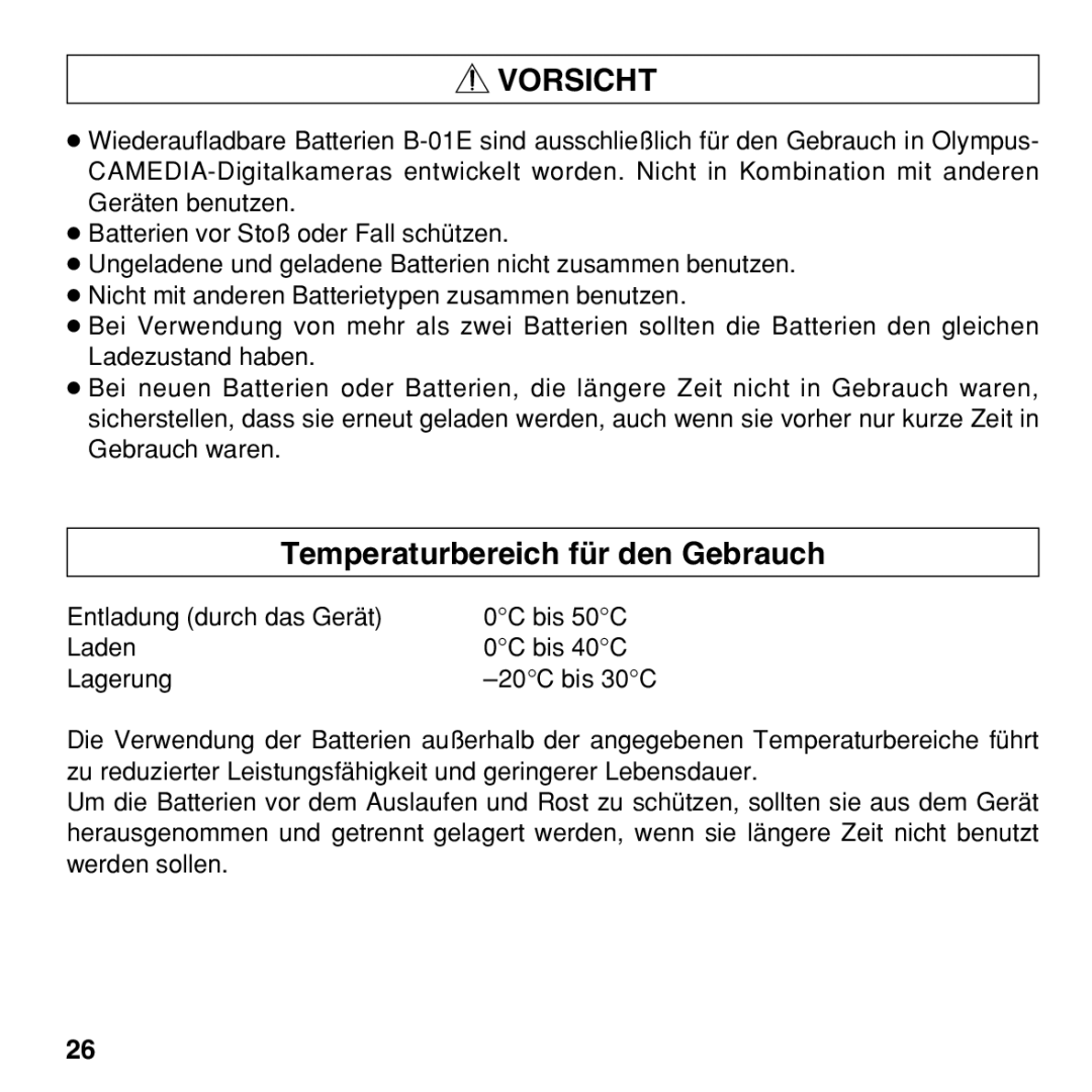 Olympus BU-200 instruction manual Temperaturbereich für den Gebrauch 