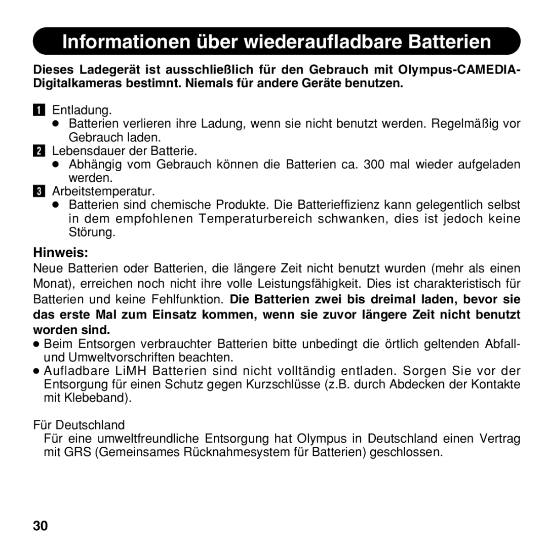 Olympus BU-200 instruction manual Informationen über wiederaufladbare Batterien 