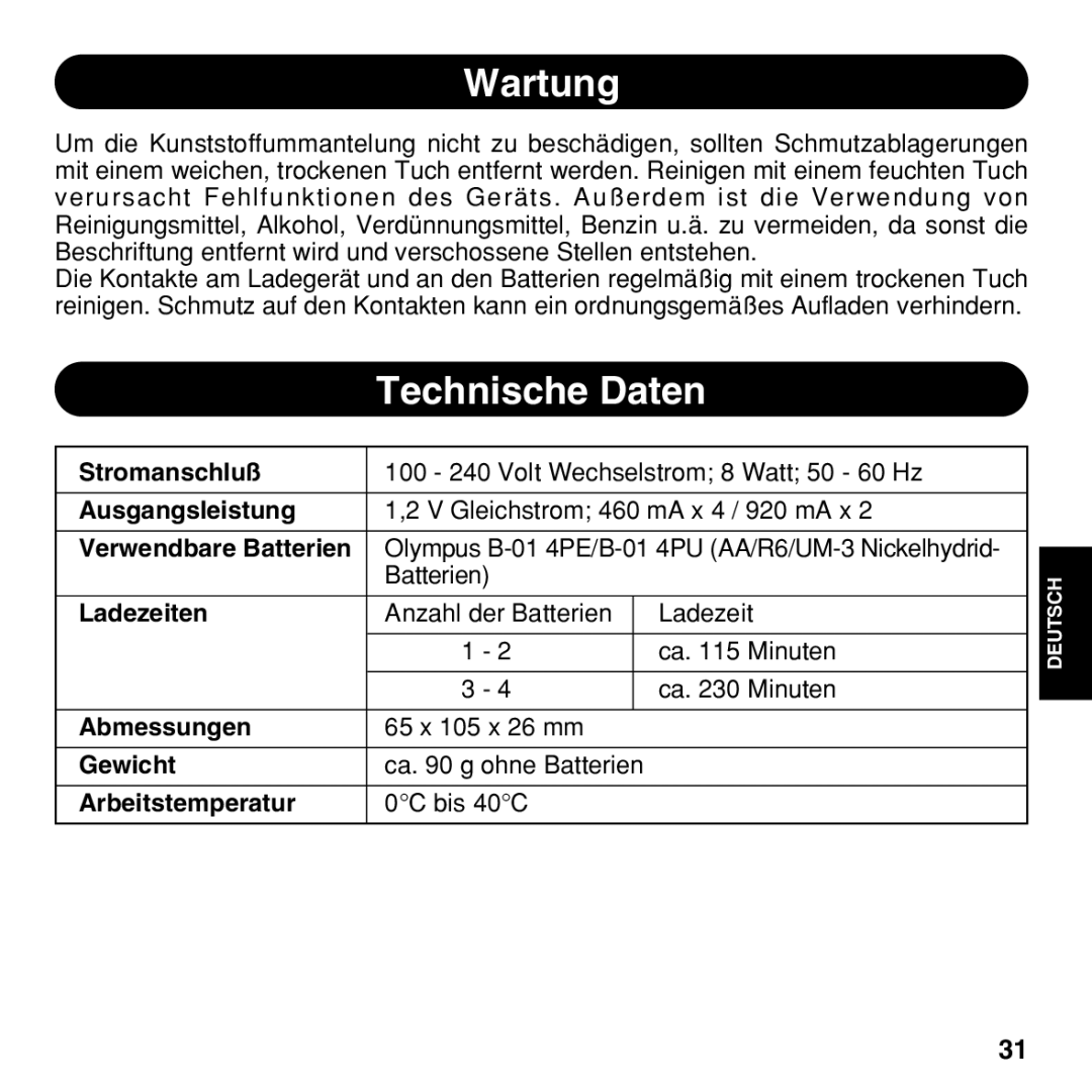 Olympus BU-200 instruction manual Wartung, Technische Daten 