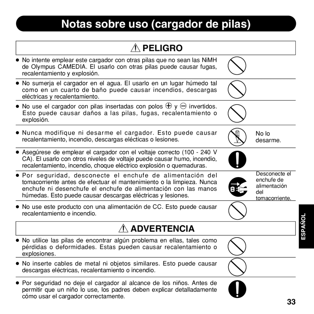 Olympus BU-200 instruction manual Notas sobre uso cargador de pilas, Peligro 