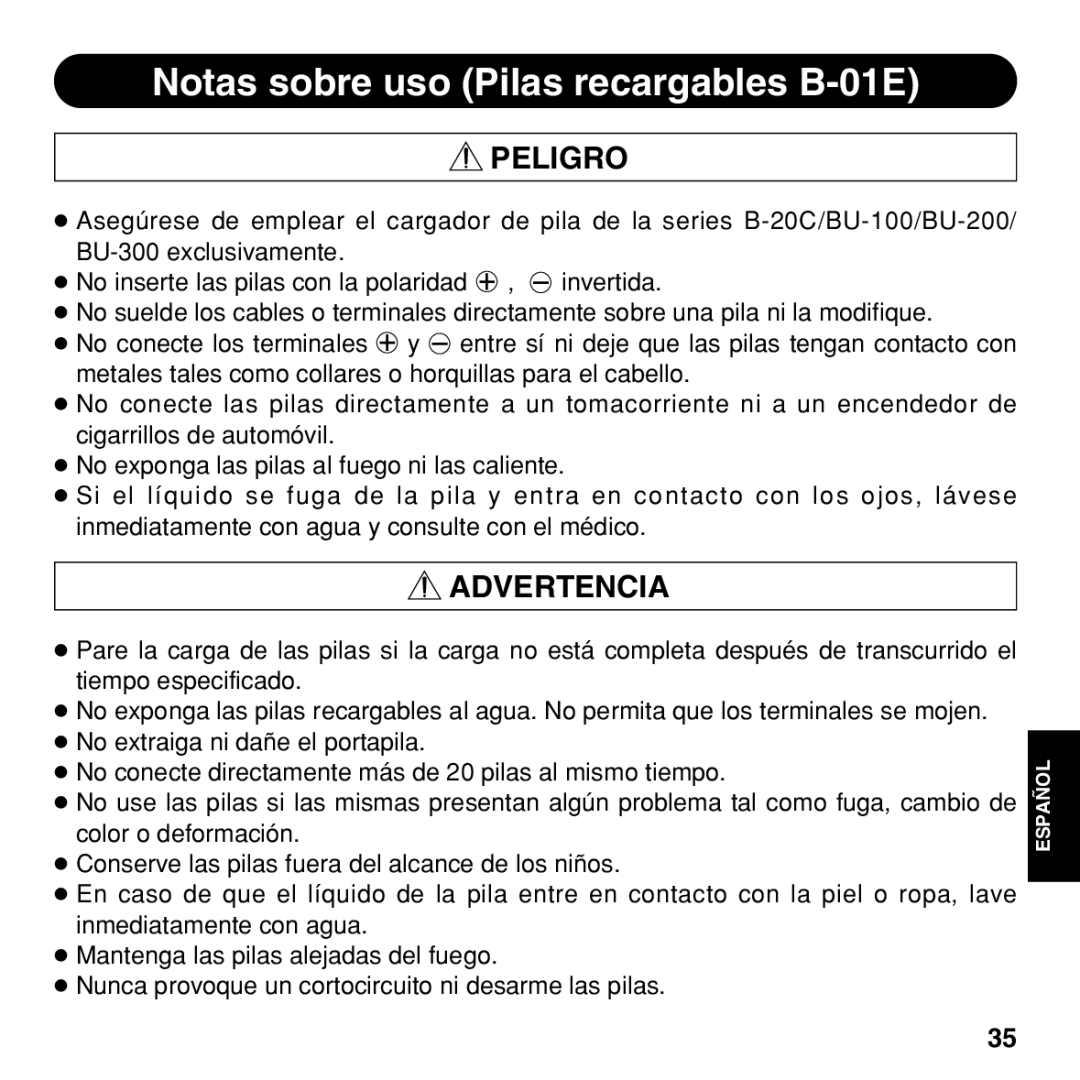 Olympus BU-200 instruction manual Notas sobre uso Pilas recargables B-01E 