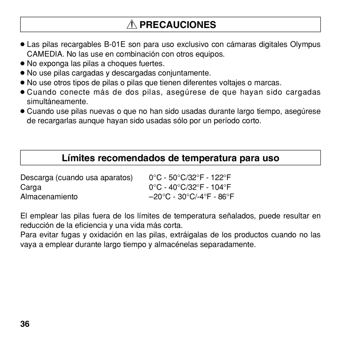 Olympus BU-200 instruction manual Límites recomendados de temperatura para uso 