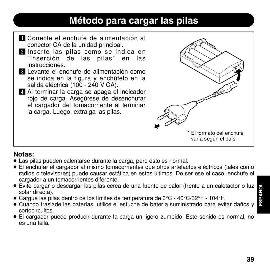 Olympus BU-200 instruction manual Método para cargar las pilas, Notas 