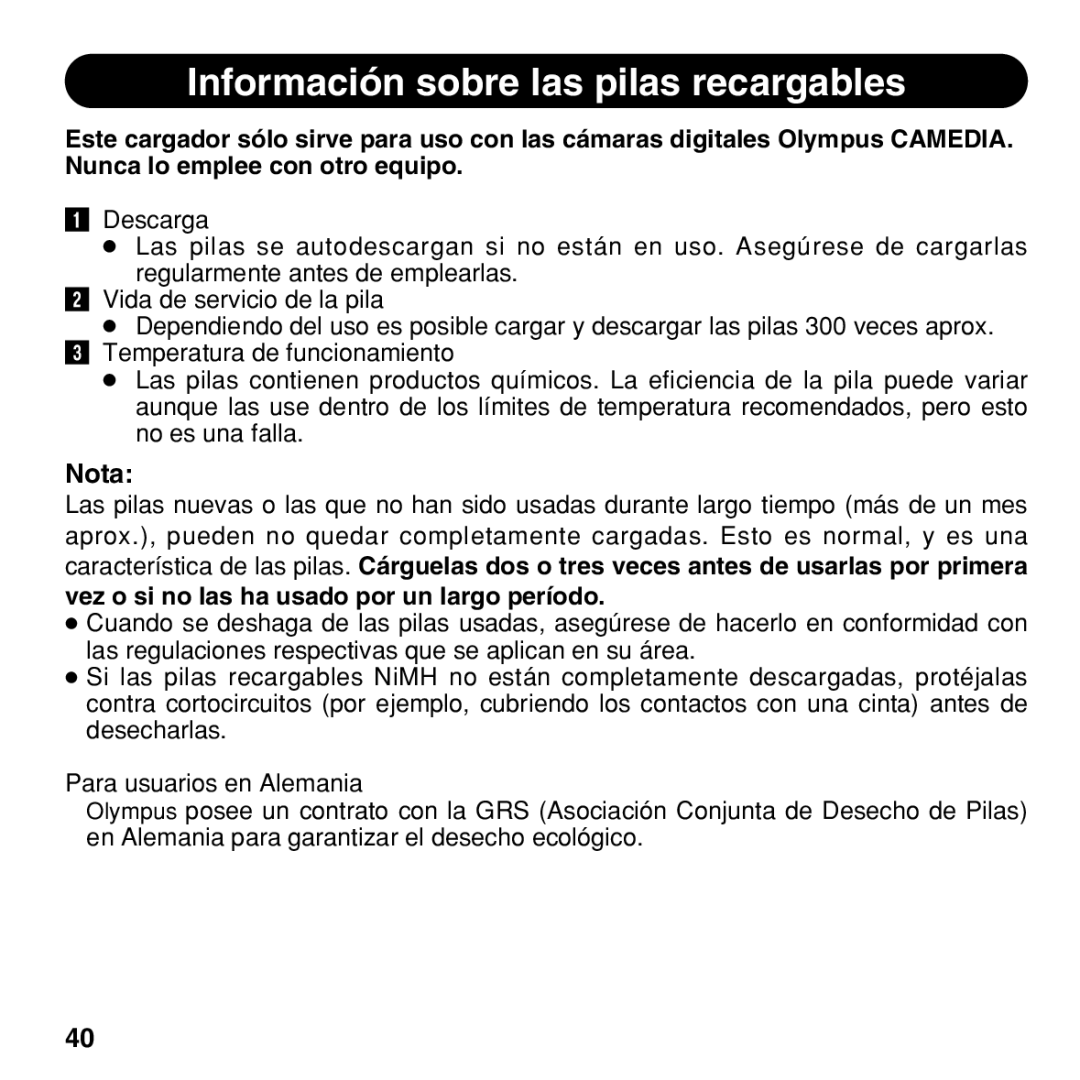 Olympus BU-200 instruction manual Información sobre las pilas recargables, Nota 