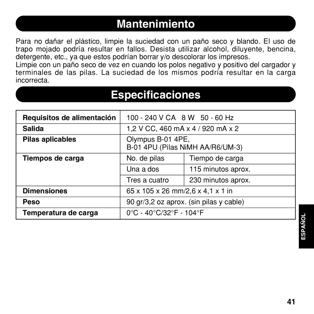 Olympus BU-200 instruction manual Mantenimiento, Especificaciones 