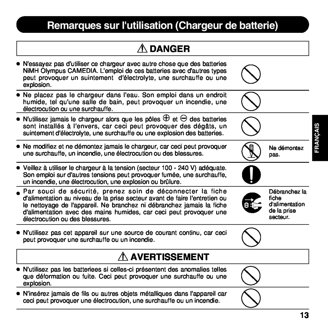 Olympus BU-200 instruction manual Remarques sur lutilisation Chargeur de batterie, Avertissement, Danger, Français 
