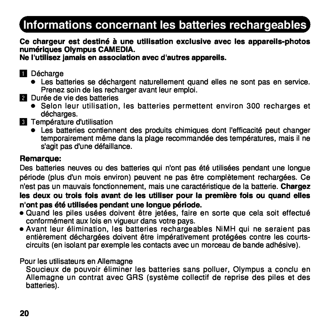 Olympus BU-200 instruction manual Informations concernant les batteries rechargeables, Remarque 