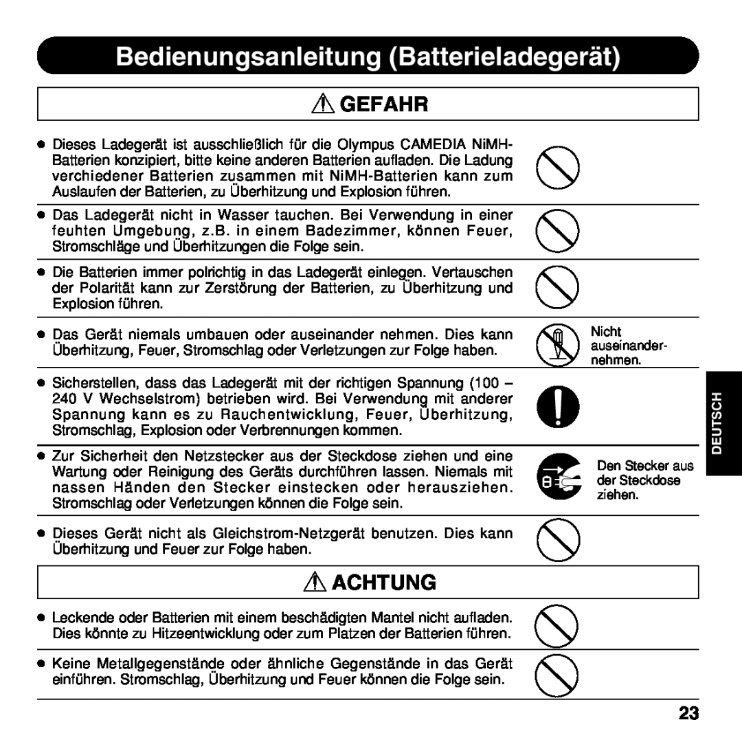 Olympus BU-200 instruction manual Bedienungsanleitung Batterieladegerät, Gefahr, Achtung, Deutsch 