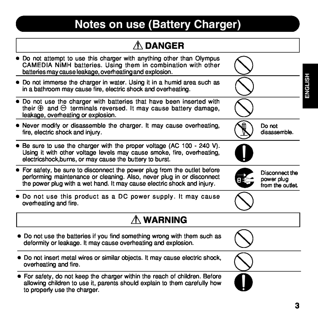 Olympus BU-200 instruction manual Notes on use Battery Charger, Danger, English 