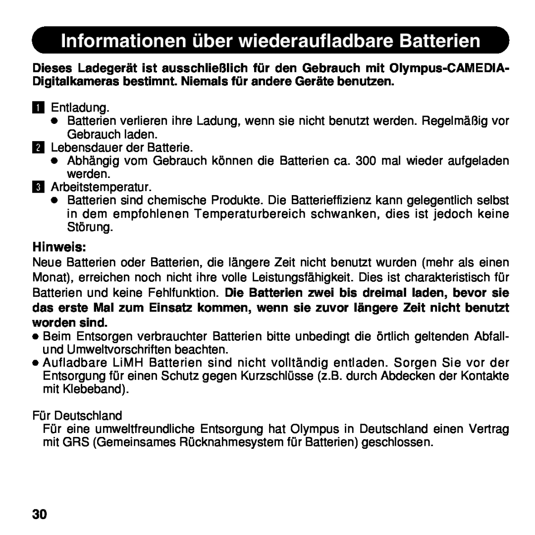 Olympus BU-200 instruction manual Informationen über wiederaufladbare Batterien, Hinweis 