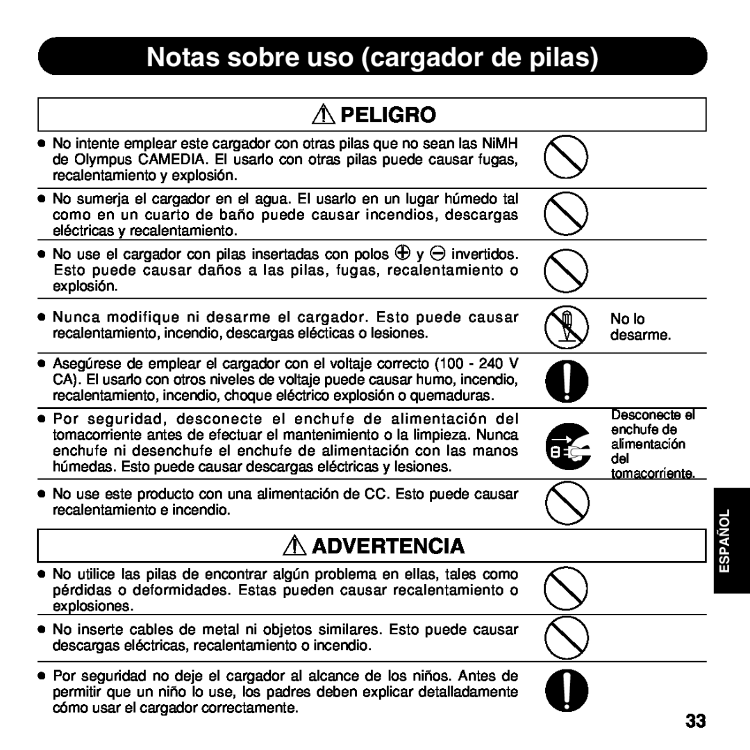 Olympus BU-200 instruction manual Notas sobre uso cargador de pilas, Peligro, Advertencia, Español 