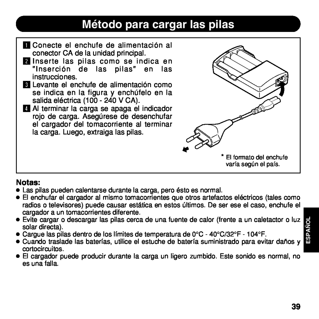 Olympus BU-200 instruction manual Método para cargar las pilas, Notas 