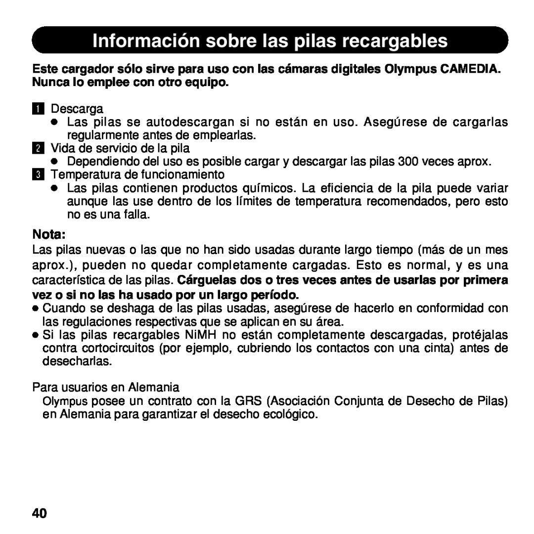 Olympus BU-200 instruction manual Información sobre las pilas recargables, Nota 