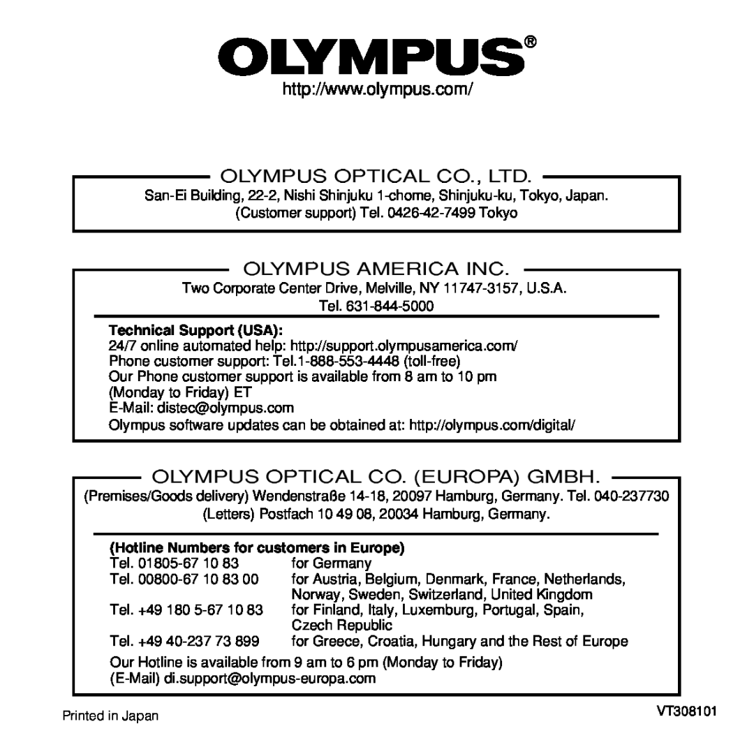 Olympus BU-200 instruction manual Olympus America Inc, Olympus Optical Co. Europa Gmbh, Technical Support USA 