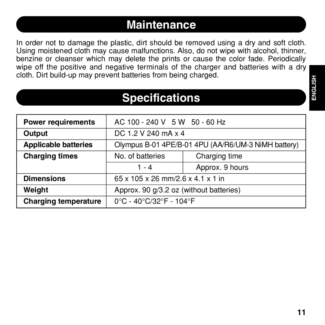 Olympus BU-300 instruction manual Maintenance, Specifications 