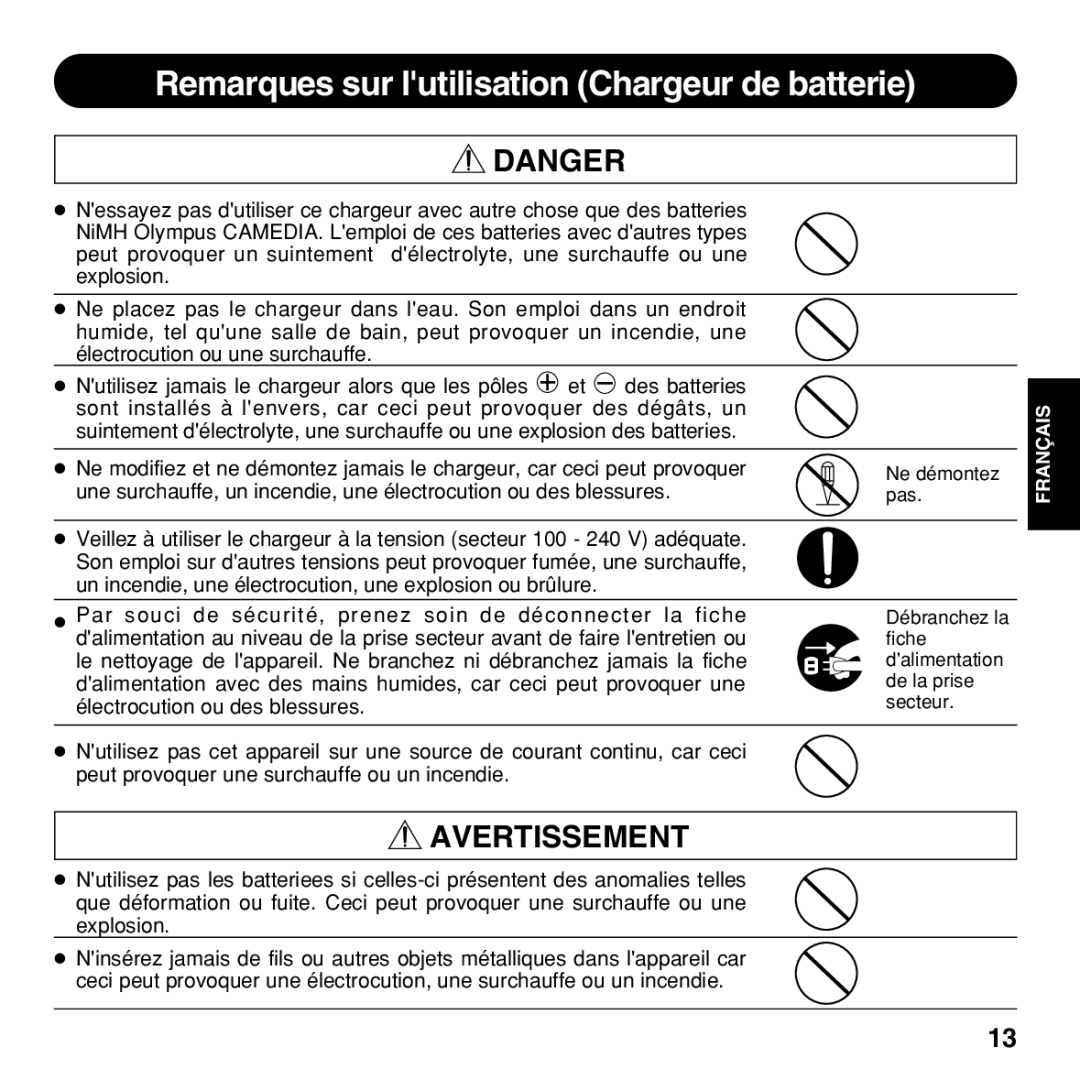 Olympus BU-300 instruction manual Remarques sur lutilisation Chargeur de batterie 