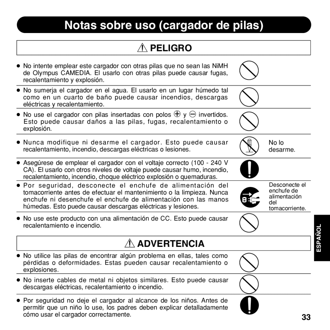 Olympus BU-300 instruction manual Notas sobre uso cargador de pilas, Peligro 