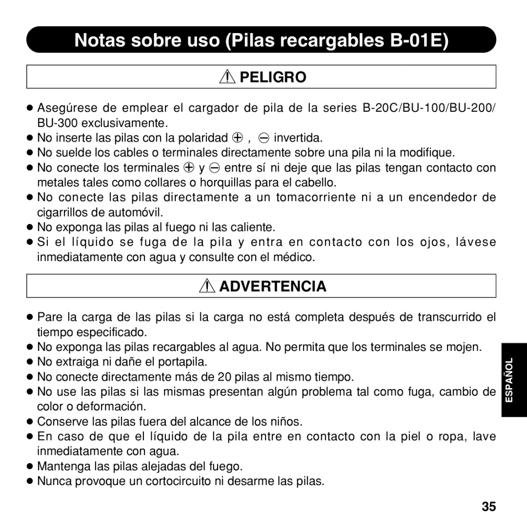 Olympus BU-300 instruction manual Notas sobre uso Pilas recargables B-01E 