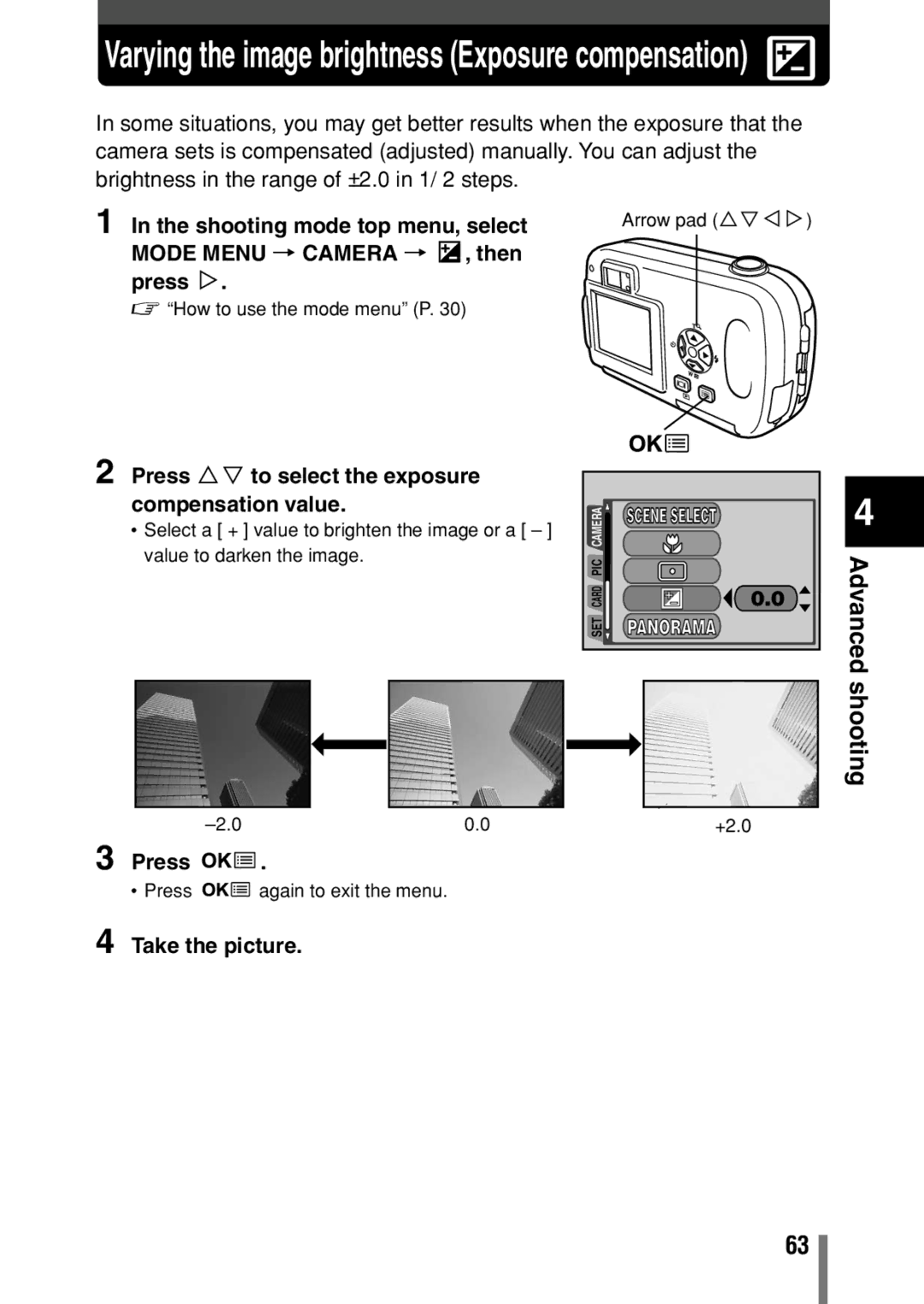 Olympus C-150 Varying the image brightness Exposure compensation, Press Ññ to select the exposure compensation value 