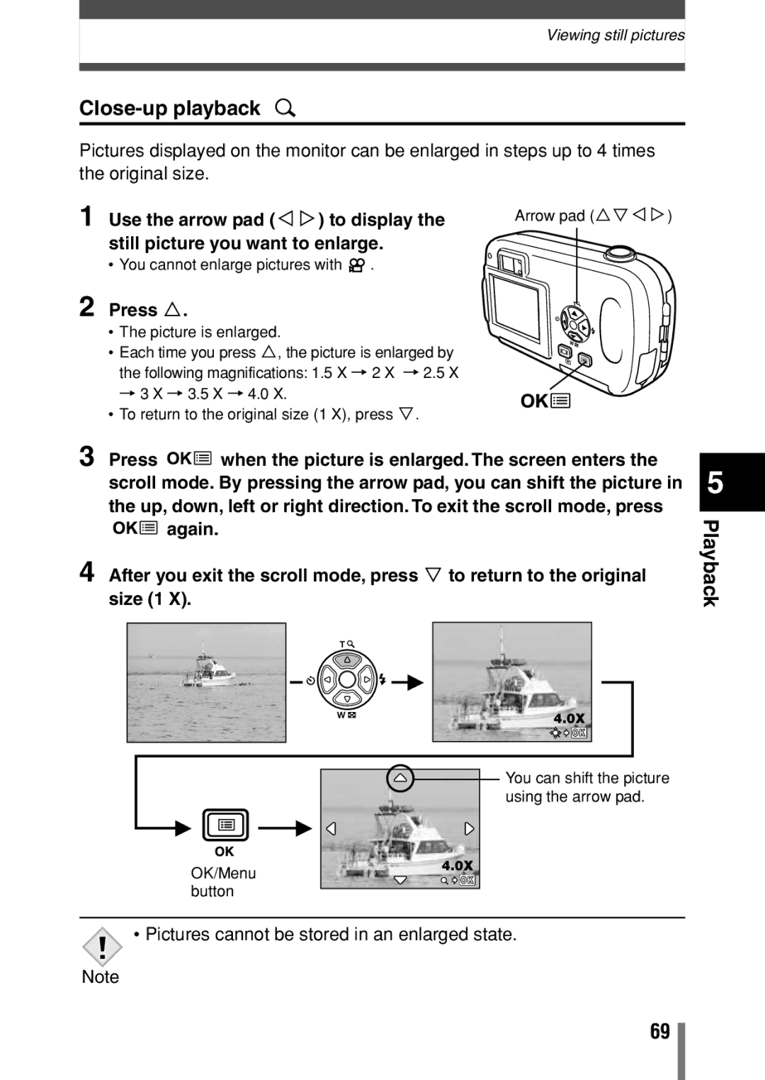 Olympus C-150 quick start Close-up playback, Use the arrow pad Éí to display, Still picture you want to enlarge 