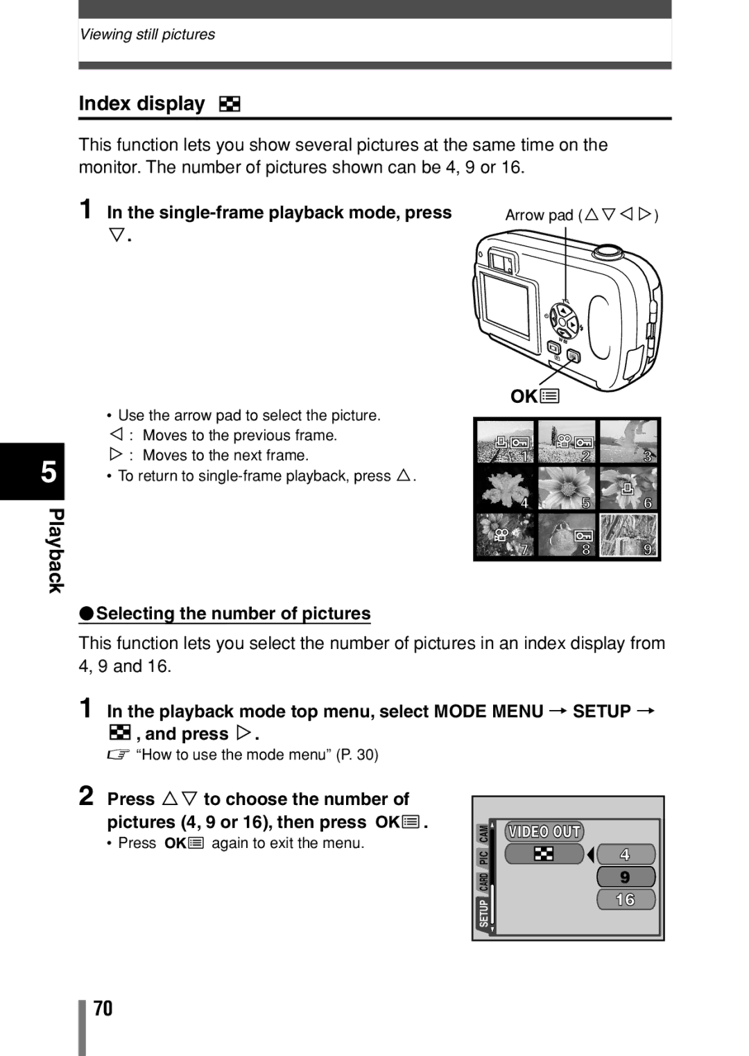 Olympus C-150 quick start Playback Index display,  Selecting the number of pictures, Video OUT 