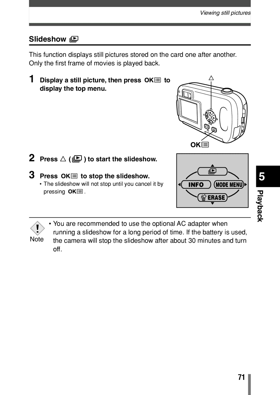 Olympus C-150 quick start Slideshow, Playback, You are recommended to use the optional AC adapter when 