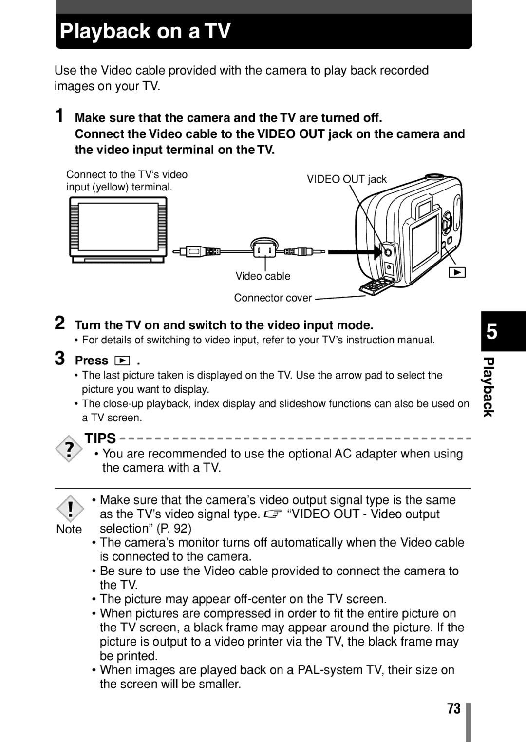 Olympus C-150 quick start Playback on a TV, Turn the TV on and switch to the video input mode Press 