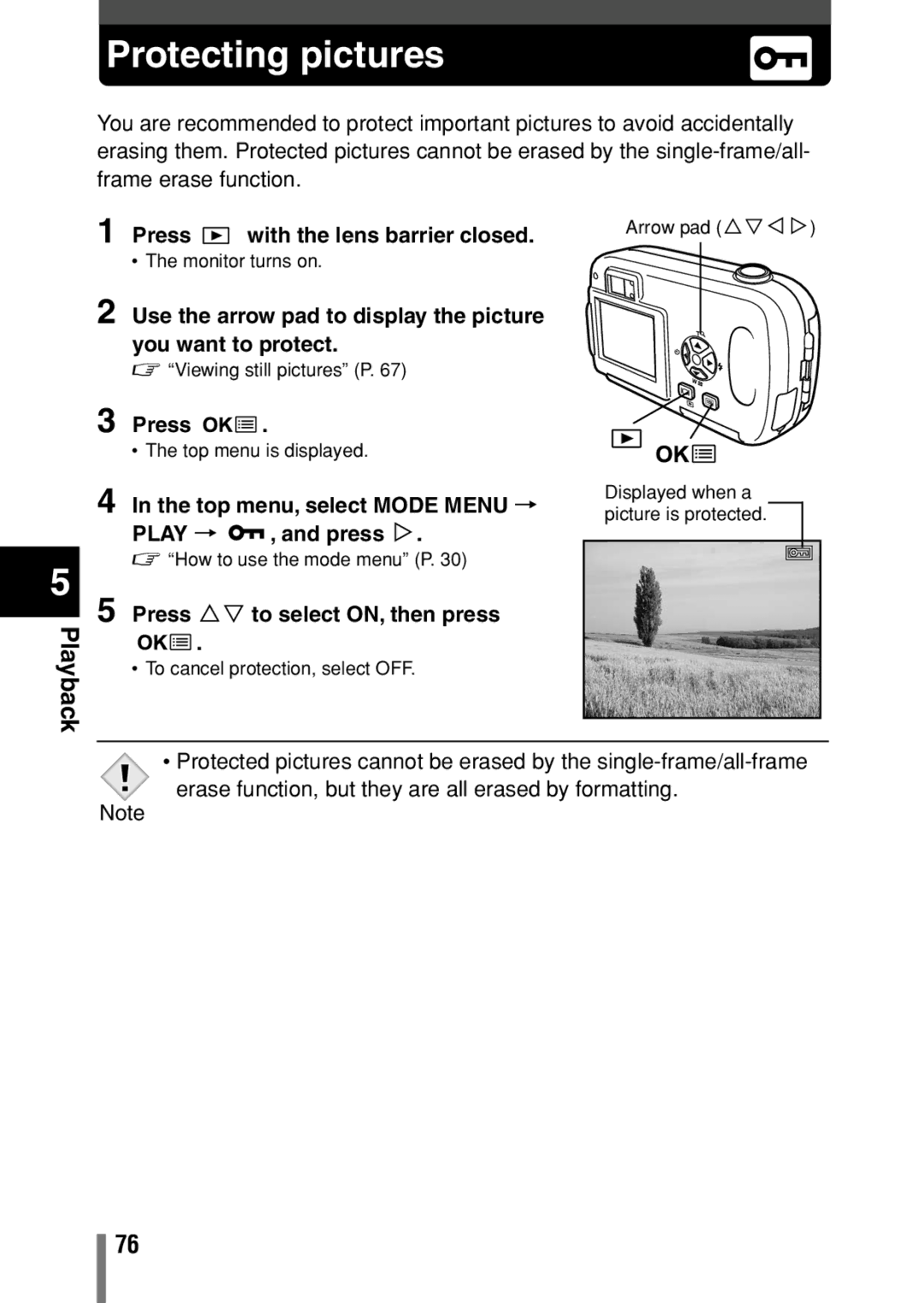 Olympus C-150 quick start Protecting pictures, Top menu, select Mode Menu T Play T , and press í 