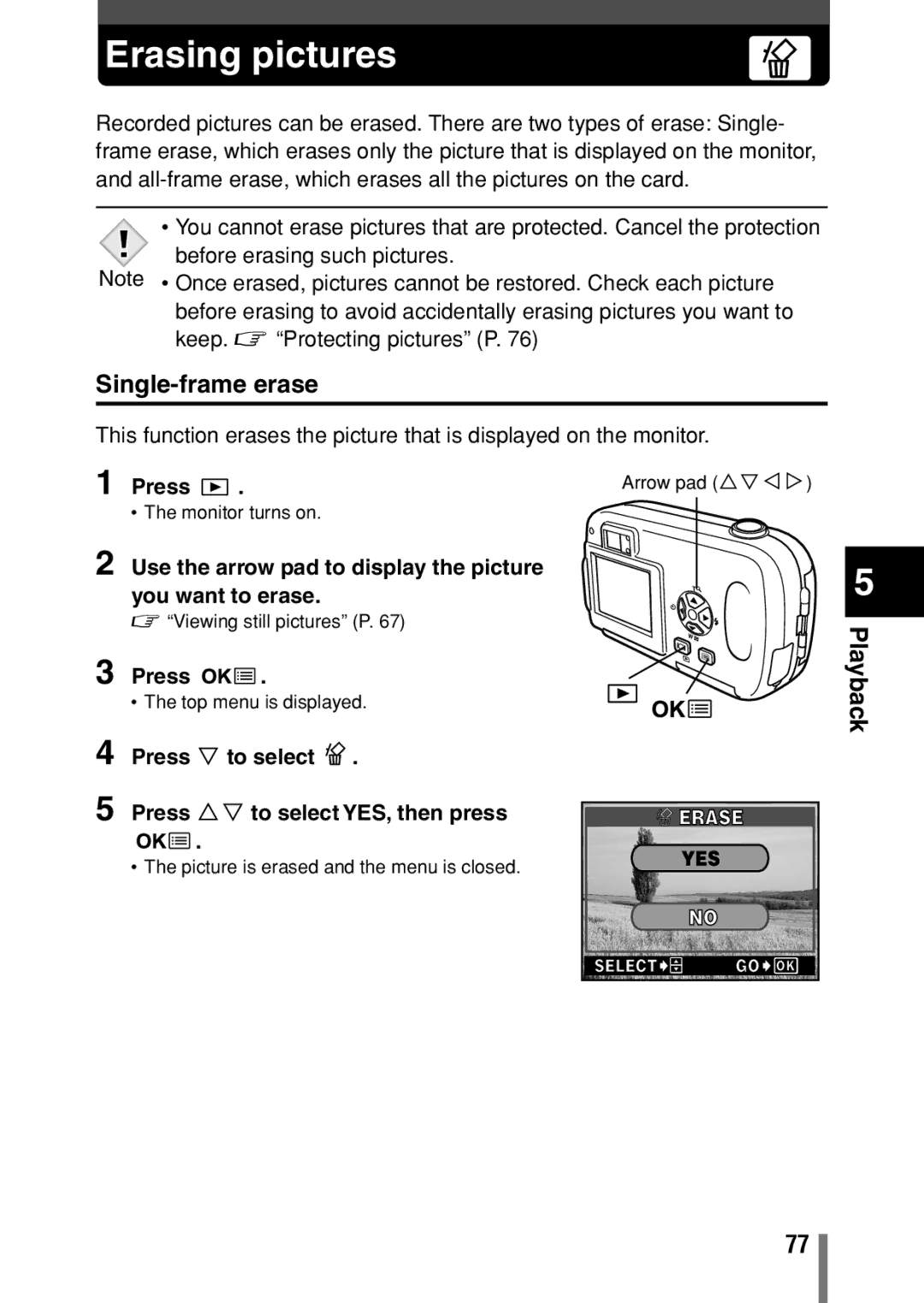 Olympus C-150 quick start Erasing pictures, Use the arrow pad to display the picture you want to erase, Erase YES 