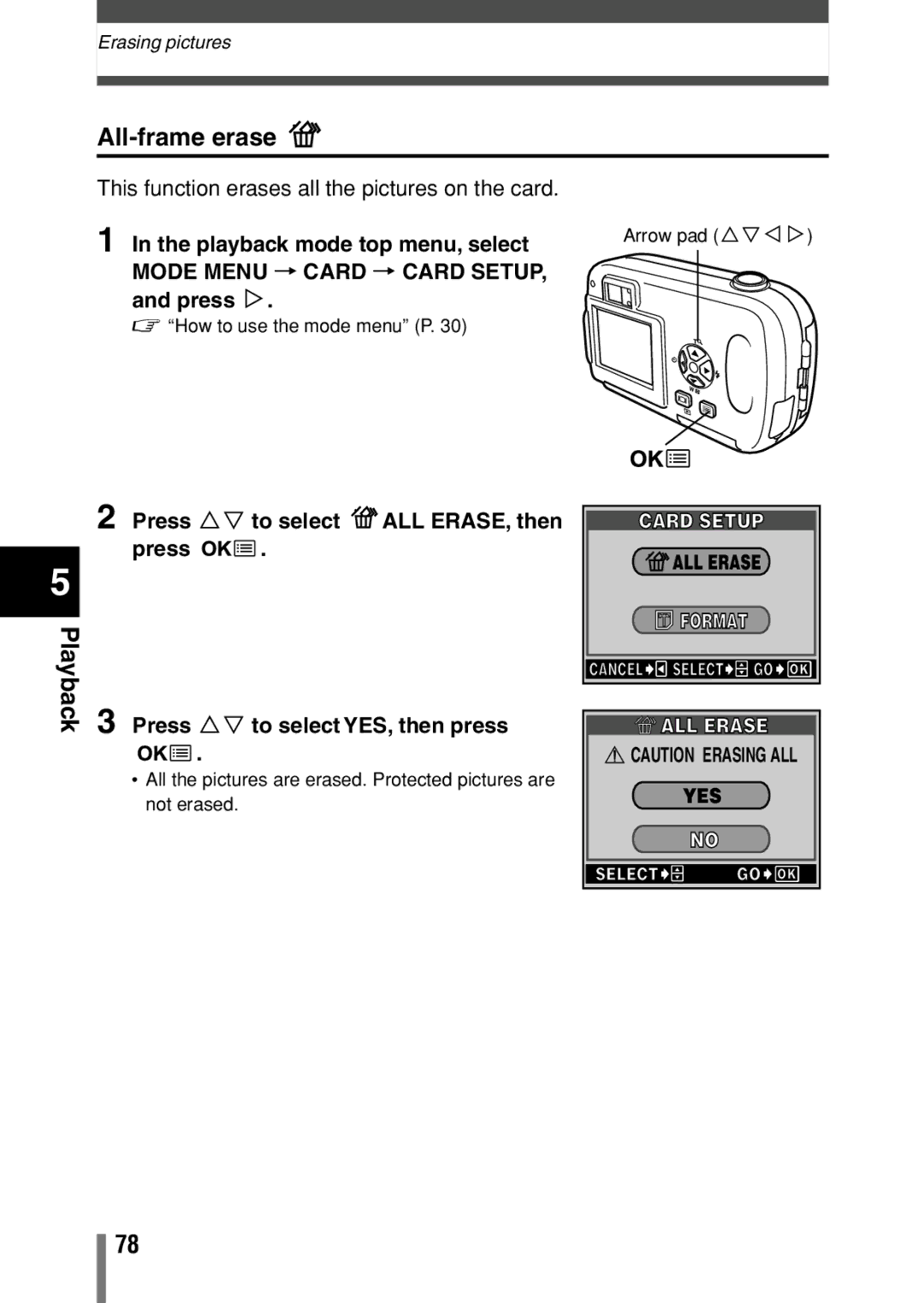 Olympus C-150 quick start Press Ññ to select ALL ERASE, then, Card Setup ALL Erase Format, ALL Erase YES 