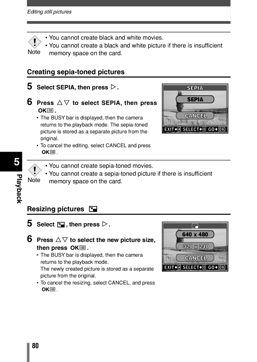 Olympus C-150 quick start Playback Creating sepia-toned pictures, Resizing pictures, Sepia, Cancel 