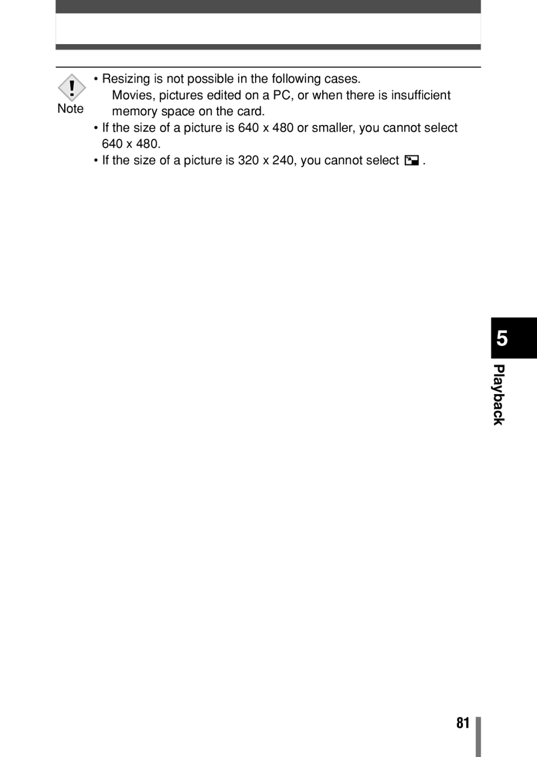 Olympus C-150 quick start Resizing is not possible in the following cases 