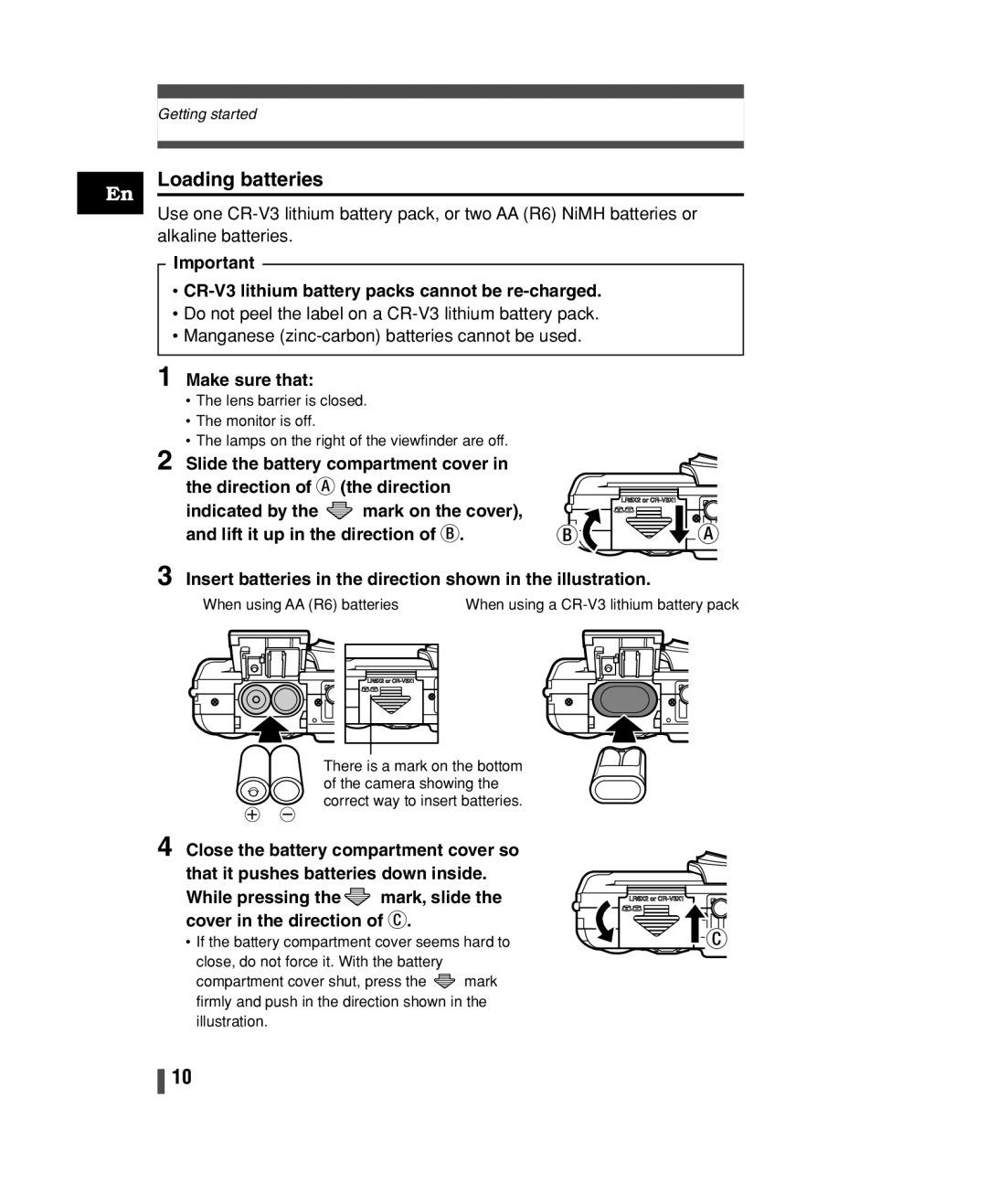 Olympus C-150 quick start Loading batteries, CR-V3 lithium battery packs cannot be re-charged, Make sure that 