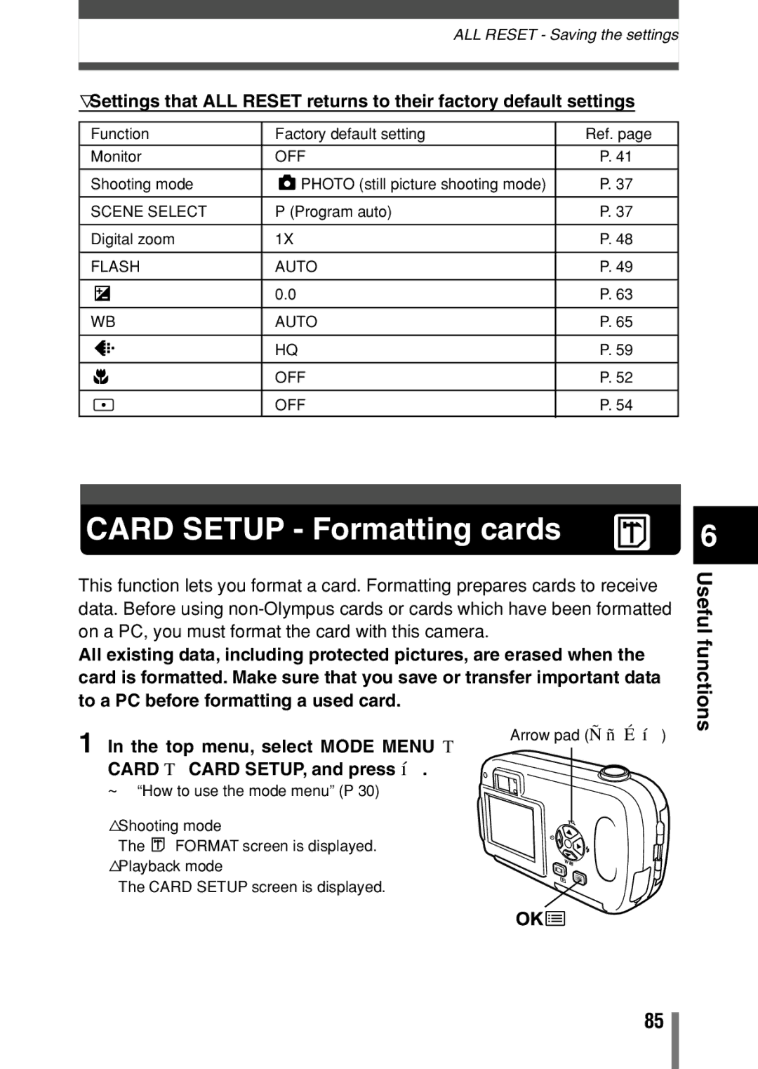 Olympus C-150 quick start Card Setup Formatting cards, Card T Card SETUP, and press í 