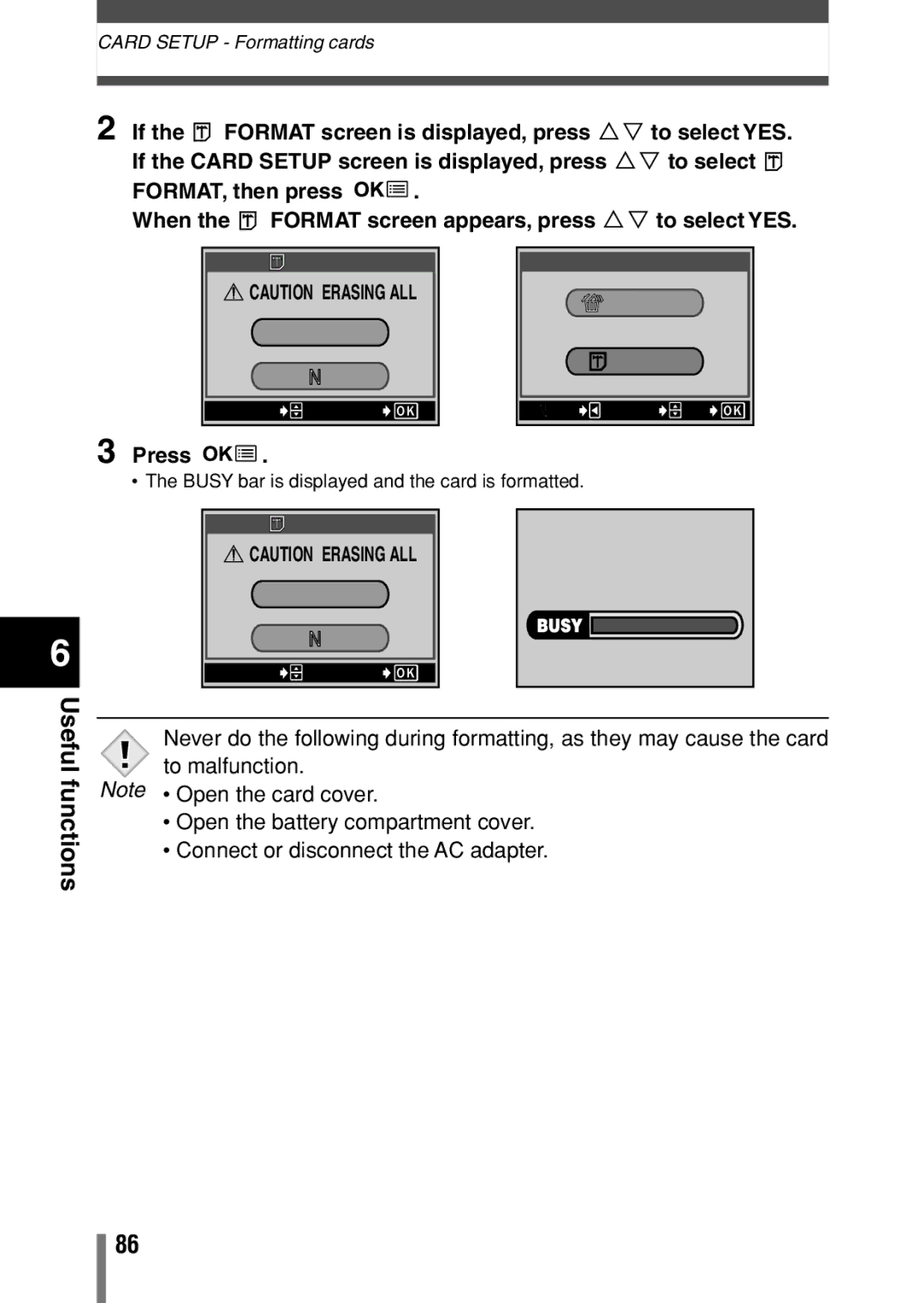 Olympus C-150 quick start Format YES, Card Setup ALL Erase Format 