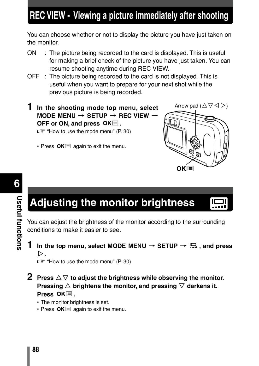 Olympus C-150 quick start Adjusting the monitor brightness, Mode Menu T Setup T REC View T 