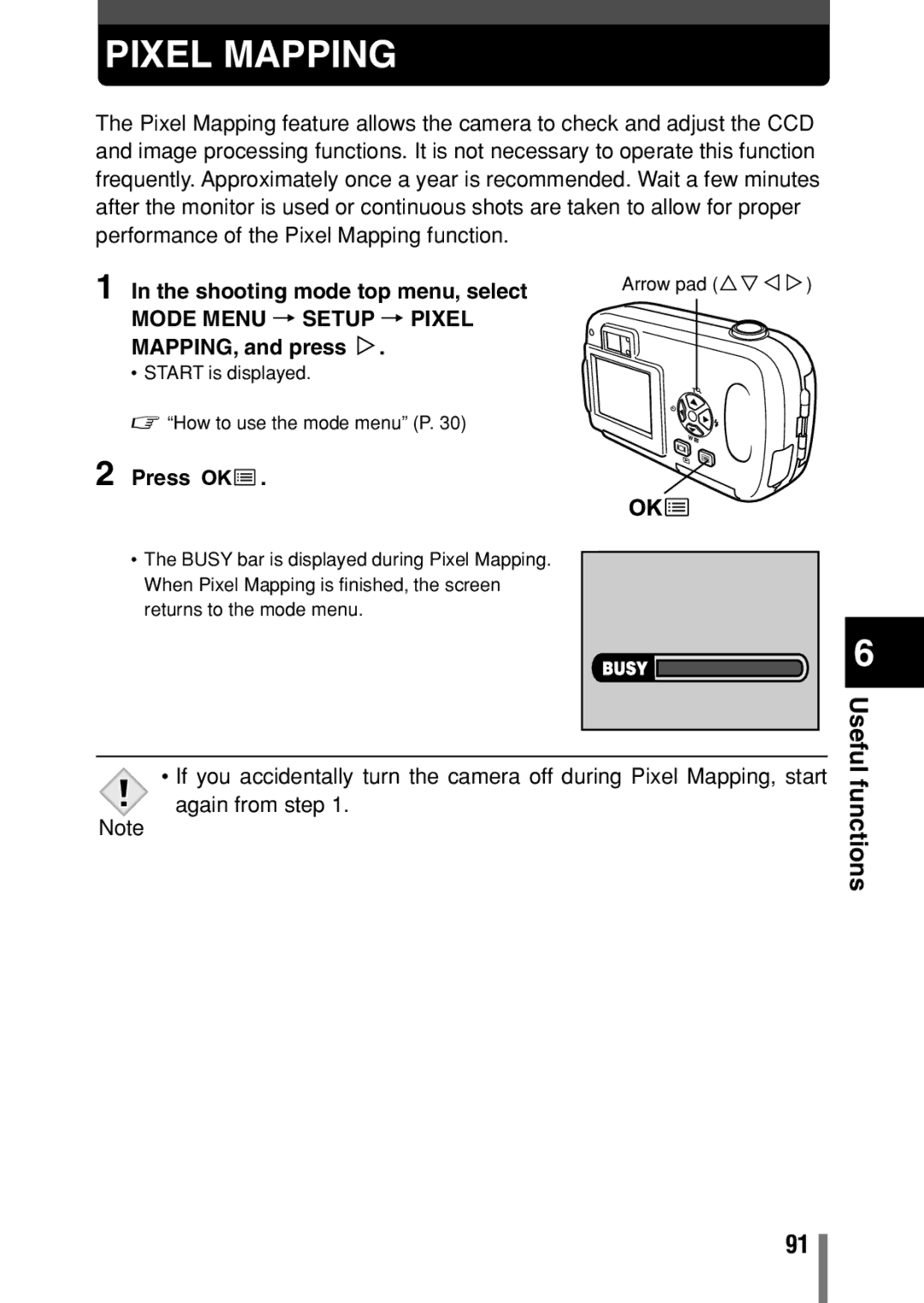 Olympus C-150 quick start Functions, Mode Menu T Setup T Pixel, MAPPING, and press í 