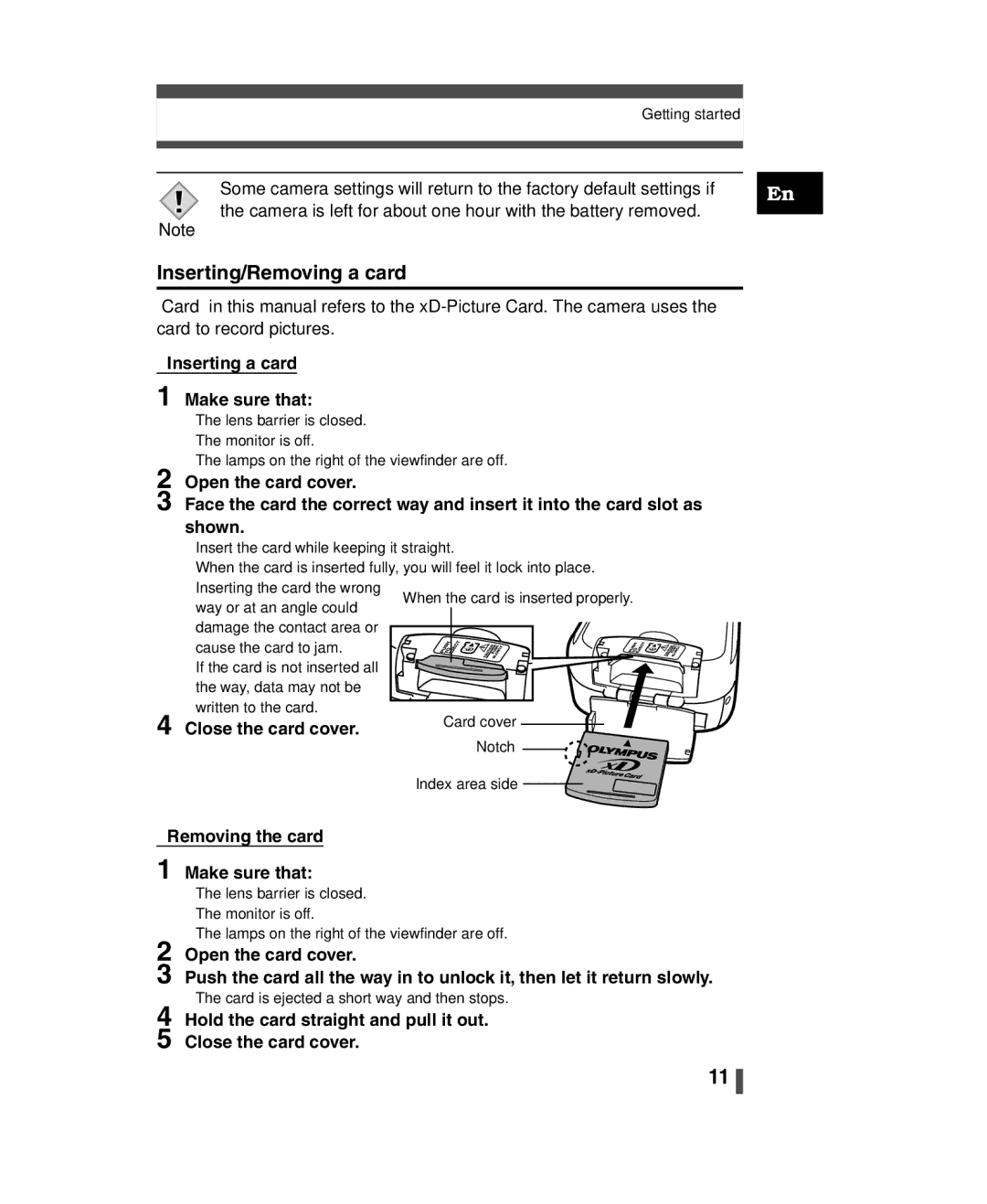 Olympus C-150 quick start Inserting/Removing a card, Inserting a card Make sure that 