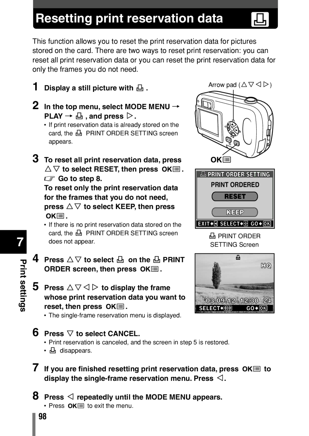 Olympus C-150 Resetting print reservation data, Print Order Setting Print Ordered Reset Keep, Press ñ to select Cancel 