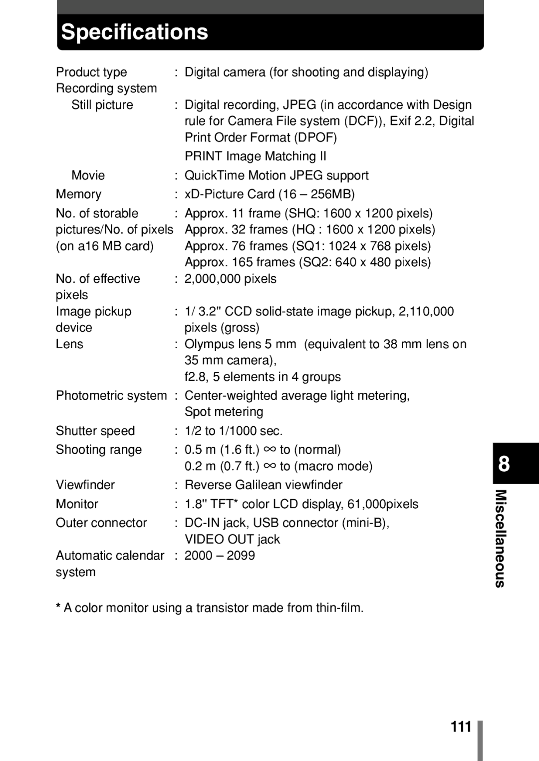 Olympus C-150 quick start Specifications, Miscellaneous 111 