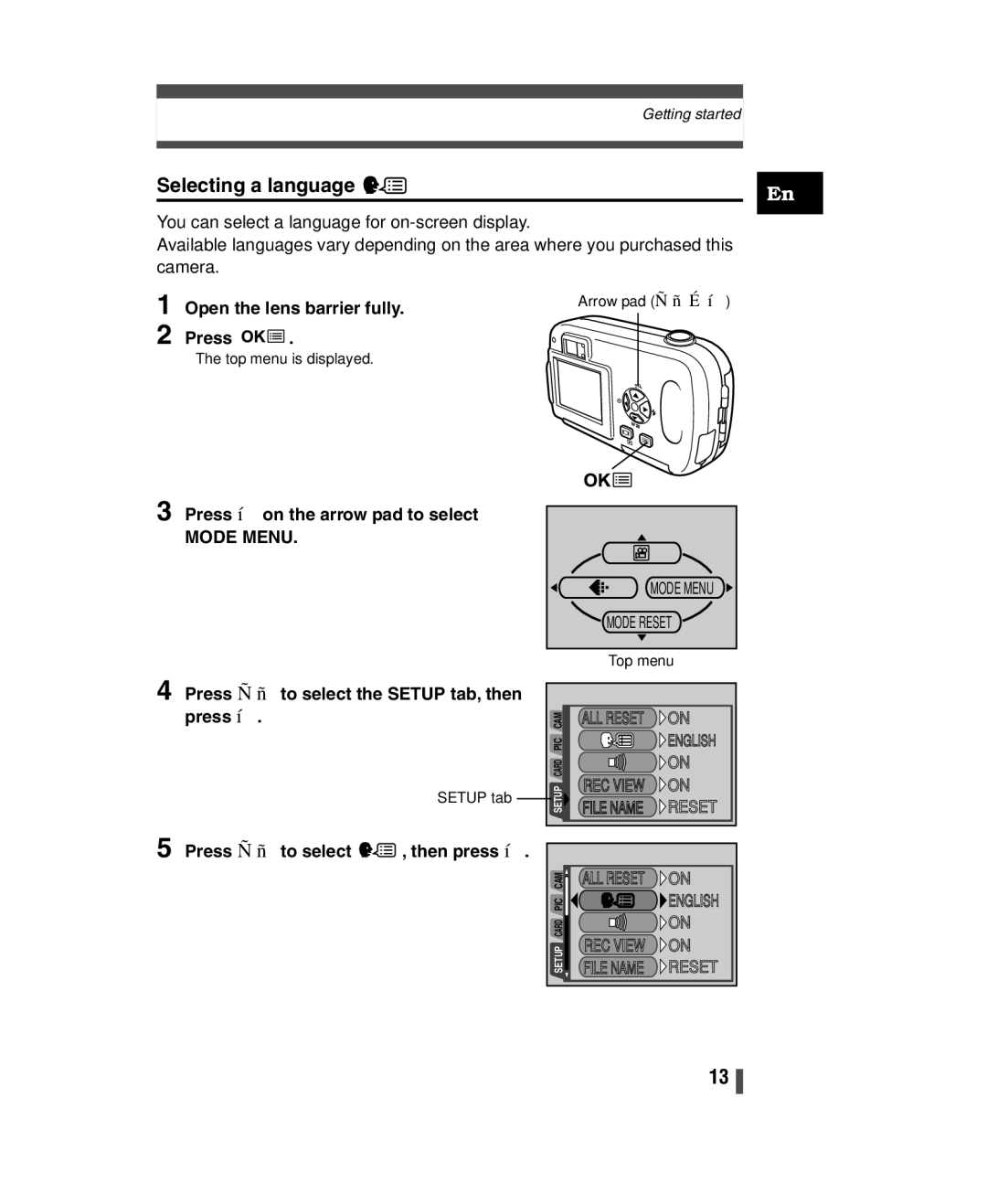 Olympus C-150 quick start Mode Menu, Mode Reset, ALL Reset on 