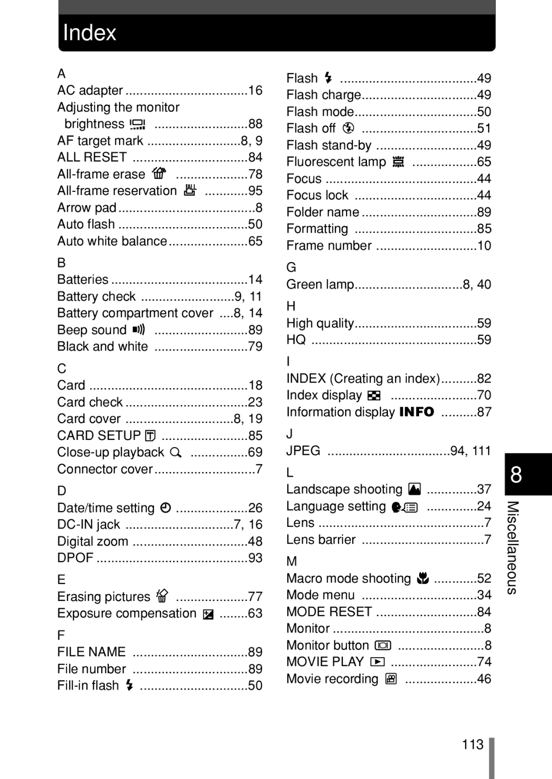 Olympus C-150 quick start Index, Miscellaneous 113 