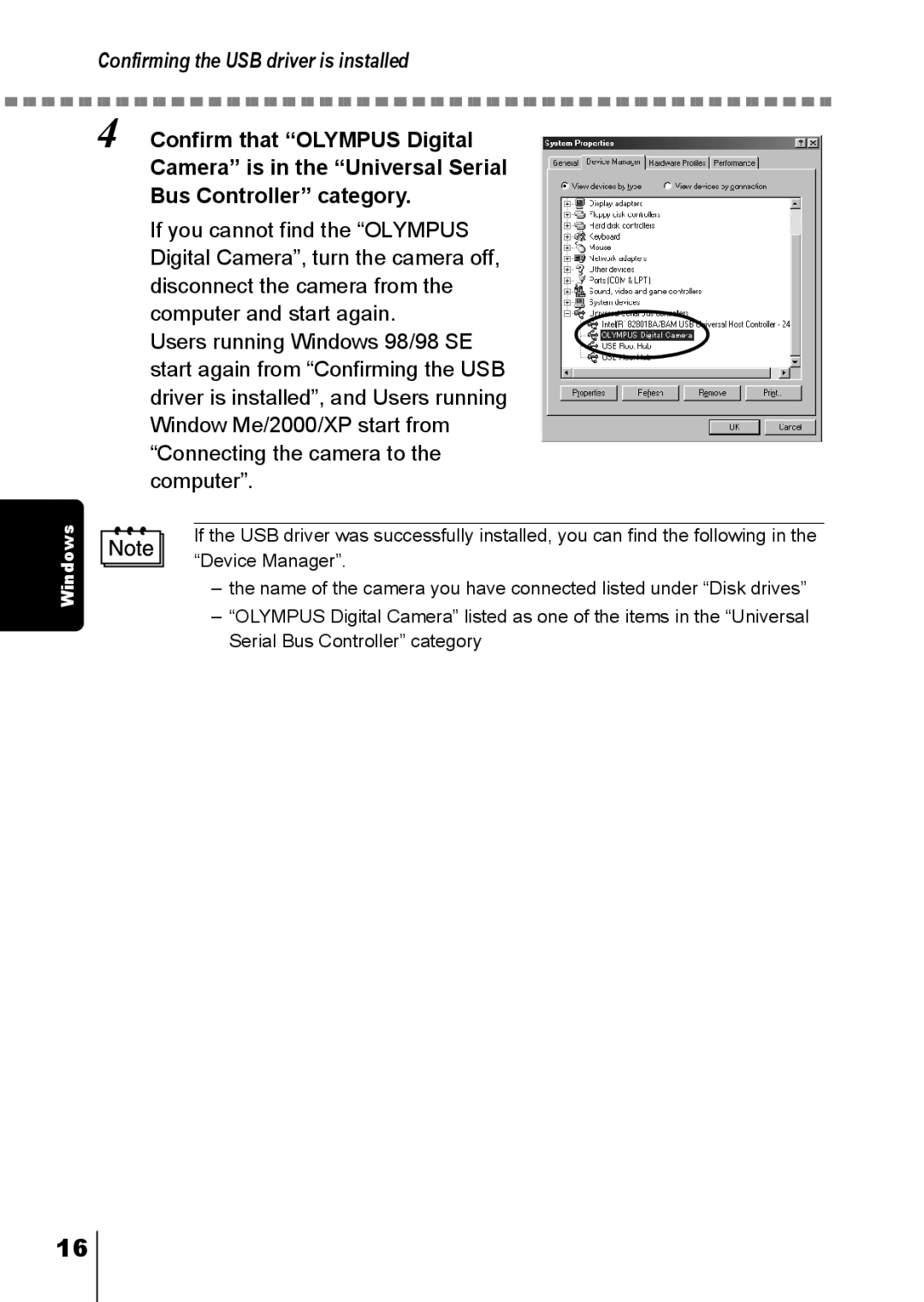 Olympus C-150 quick start Confirming the USB driver is installed 