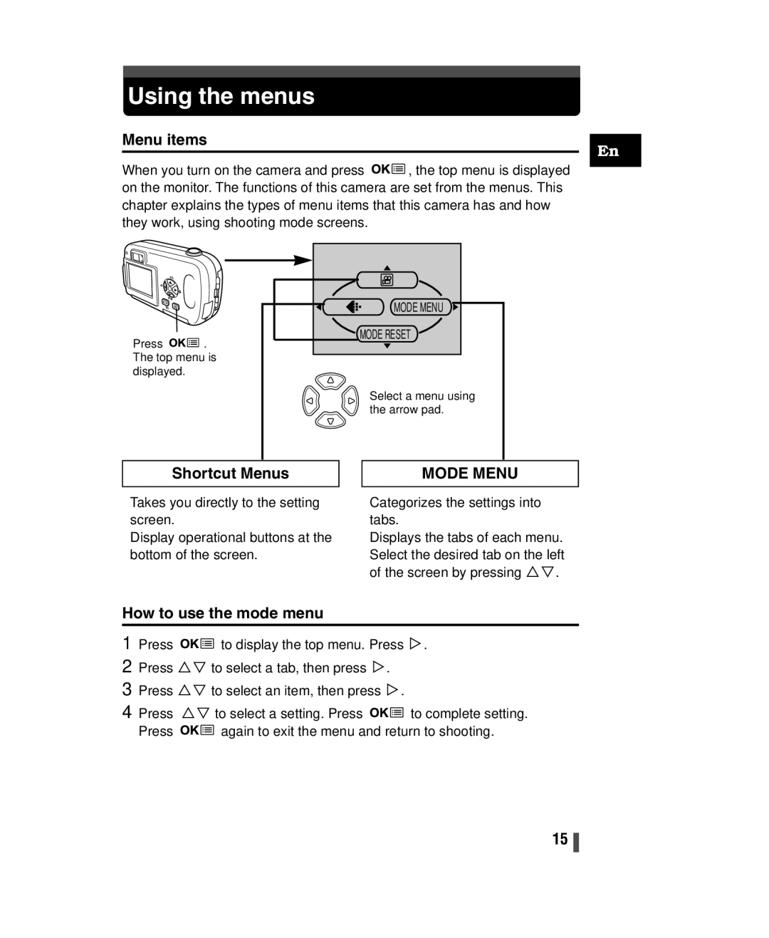 Olympus C-150 quick start Using the menus, Menu items, Shortcut Menus, How to use the mode menu 