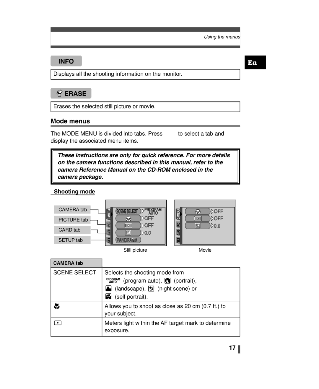 Olympus C-150 quick start Mode menus, Panorama 