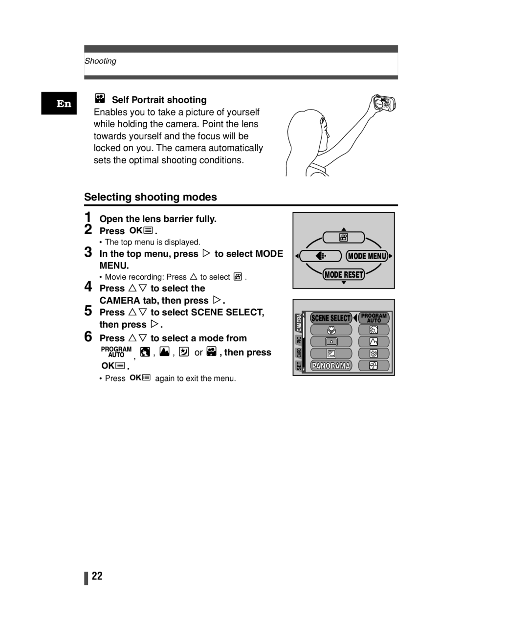 Olympus C-150 quick start Selecting shooting modes, Top menu, press í to select Mode, Mode Menu Mode Reset 